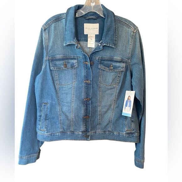Social Standard Sz L NWT Classic Blue Jean Denim Short Button Front Jacket - Picture 1 of 7